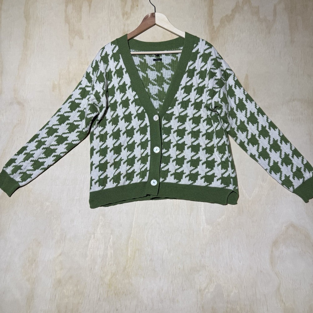 Massimo Dutti‎ Italy Houndstooth Cardigan Sweater Cashmere Wool Green Women L